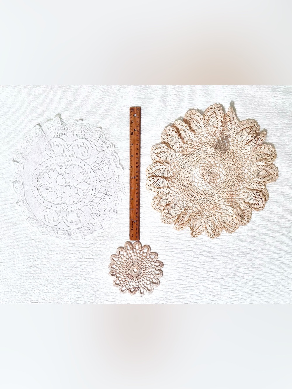 Handmade Crochet and Lace Doilies - Beige and White, Set of 3